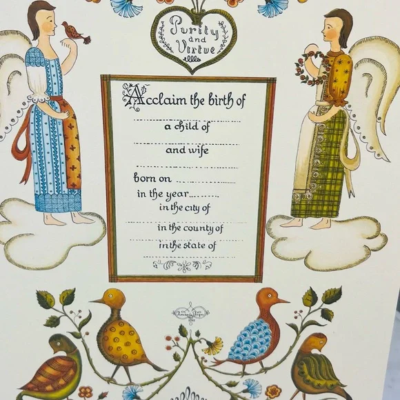 Vintage 1961 Fernanda Design Pennsylvania Dutch Fraktur Birth Certificate – Folk - Picture 2 of 7